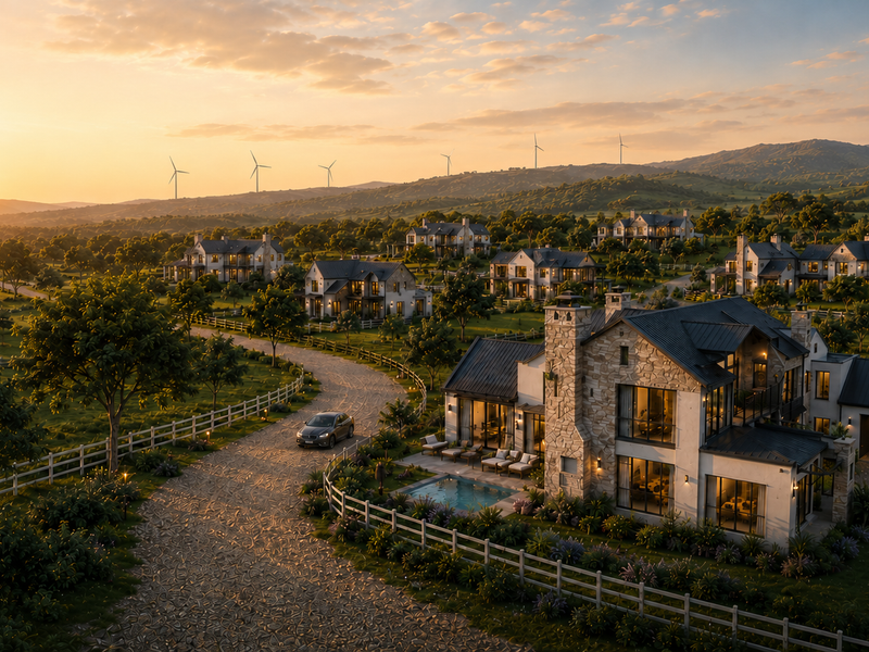 An aerial view of a luxury residential estate featuring modern homes with stone facades, private pools, and scenic landscape views at sunset.