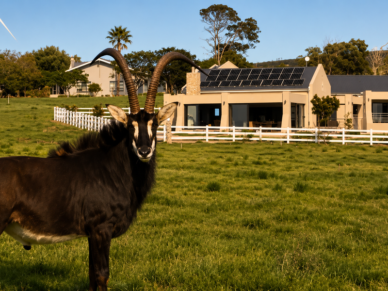 A well-maintained residential property featuring solar panels, a stone chimney, and a white picket fence, set within a scenic, grassy landscape.