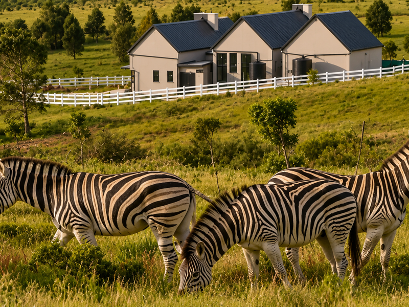 A scenic view of a modern residential property set within a vast, grassy landscape featuring grazing zebras and white perimeter fencing.