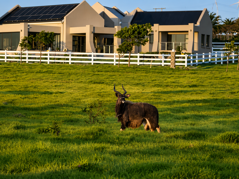 A well-maintained modern residence featuring solar panels, a stone chimney, and a covered patio, set against a spacious green lawn with perimeter fencing.