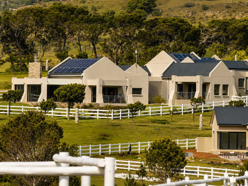 A scenic view of a modern residential property featuring solar panels, metal roofing, and extensive white post-and-rail fencing set within a landscaped rural landscape.