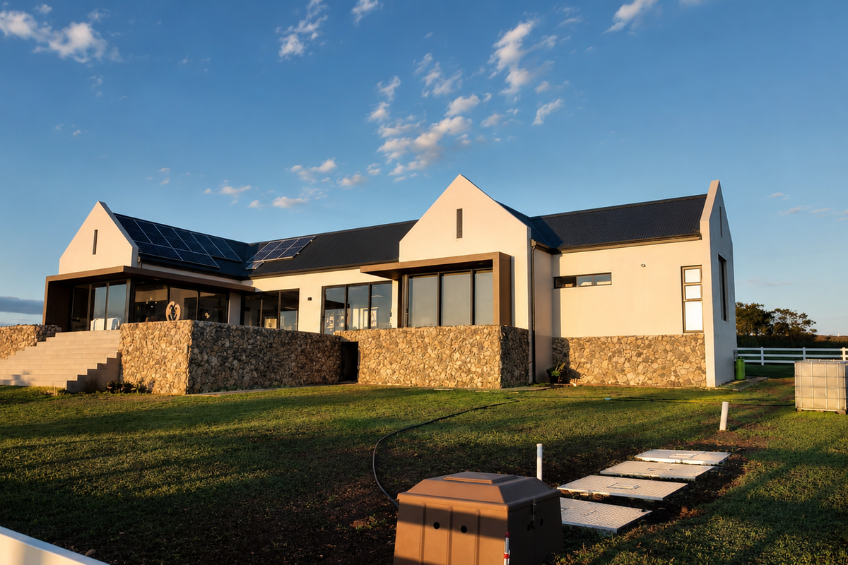 A modern residential property featuring stone cladding, large sliding glass doors, and solar panels, set against a well-maintained lawn and white fencing.