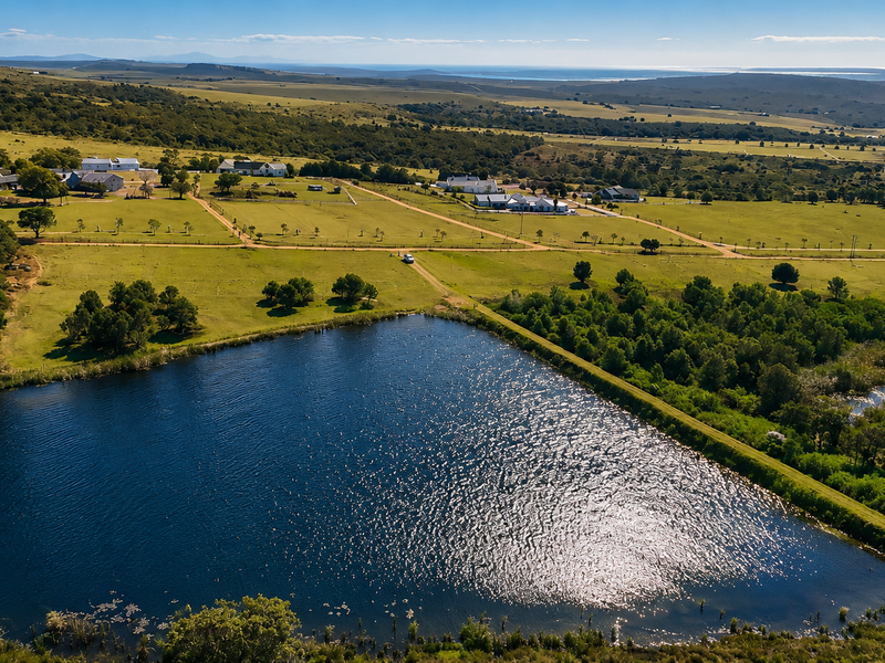 An aerial view of a large rural property featuring a prominent dam, expansive green pastures, and surrounding landscape with distant coastal views.