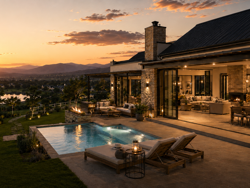 A luxurious rear exterior view featuring a swimming pool, stone fireplace, and expansive covered patio overlooking a scenic landscape at sunset.