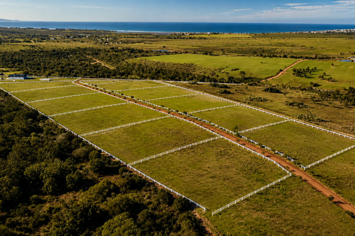 Aerial view of a large, subdivided residential land plot featuring white perimeter fencing and access roads, set within a scenic coastal landscape.