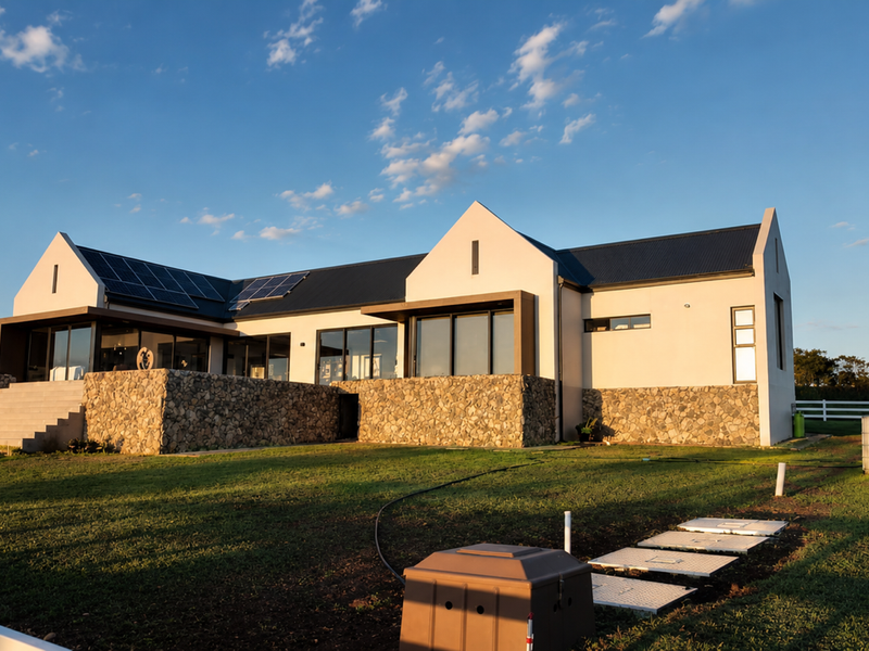 A modern residential property featuring stone cladding, large sliding glass doors, and roof-mounted solar panels, set within a well-maintained garden area.