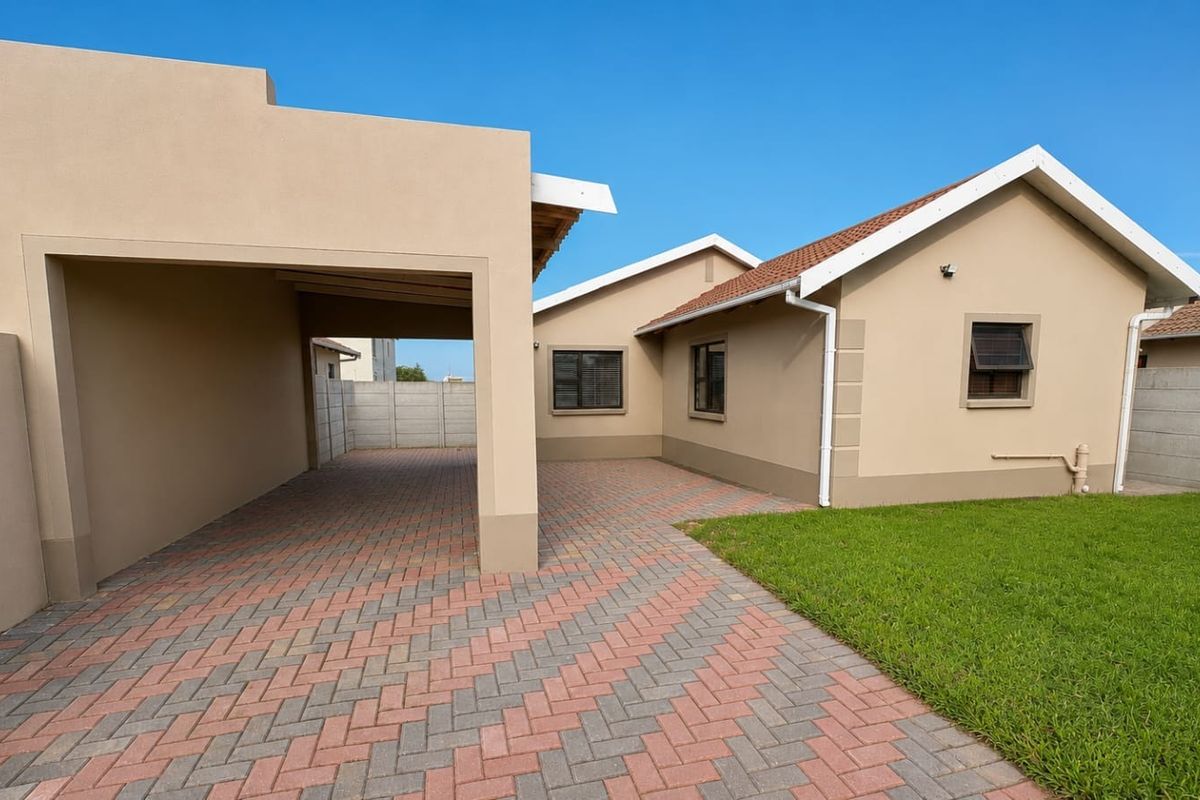 Rear view of the property featuring a paved driveway, covered carport, and a well-maintained lawn enclosed by a precast concrete boundary wall.