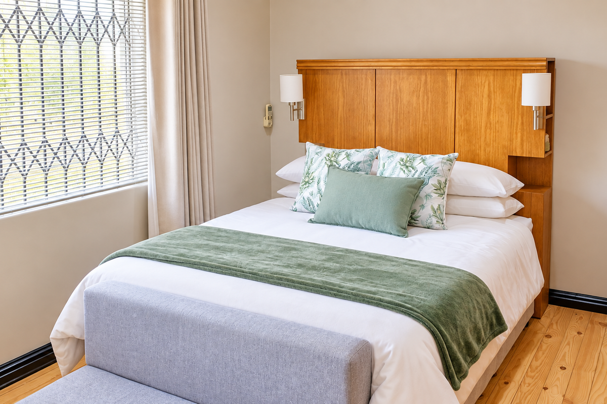 A well-maintained bedroom featuring a custom built-in wooden headboard with integrated lighting, timber flooring, and large windows fitted with security bars.