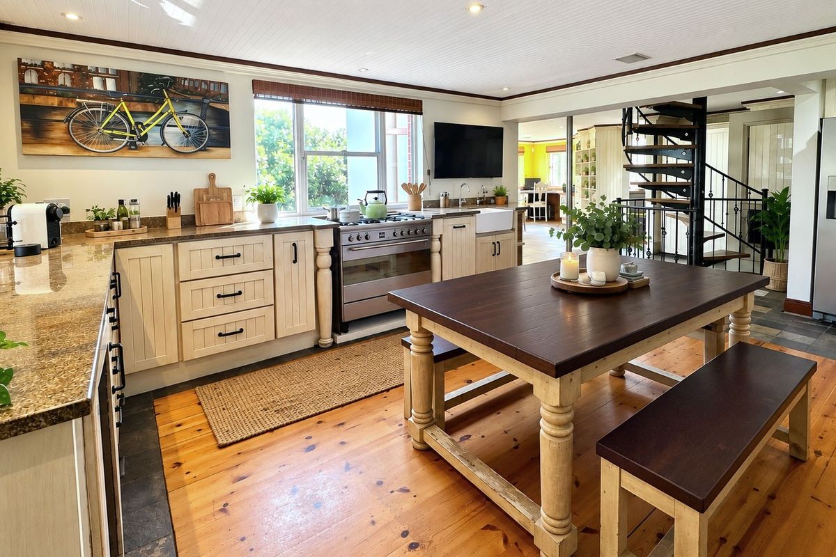 Spacious kitchen featuring granite countertops, a farmhouse sink, gas range, and a unique spiral staircase, set against warm timber flooring.