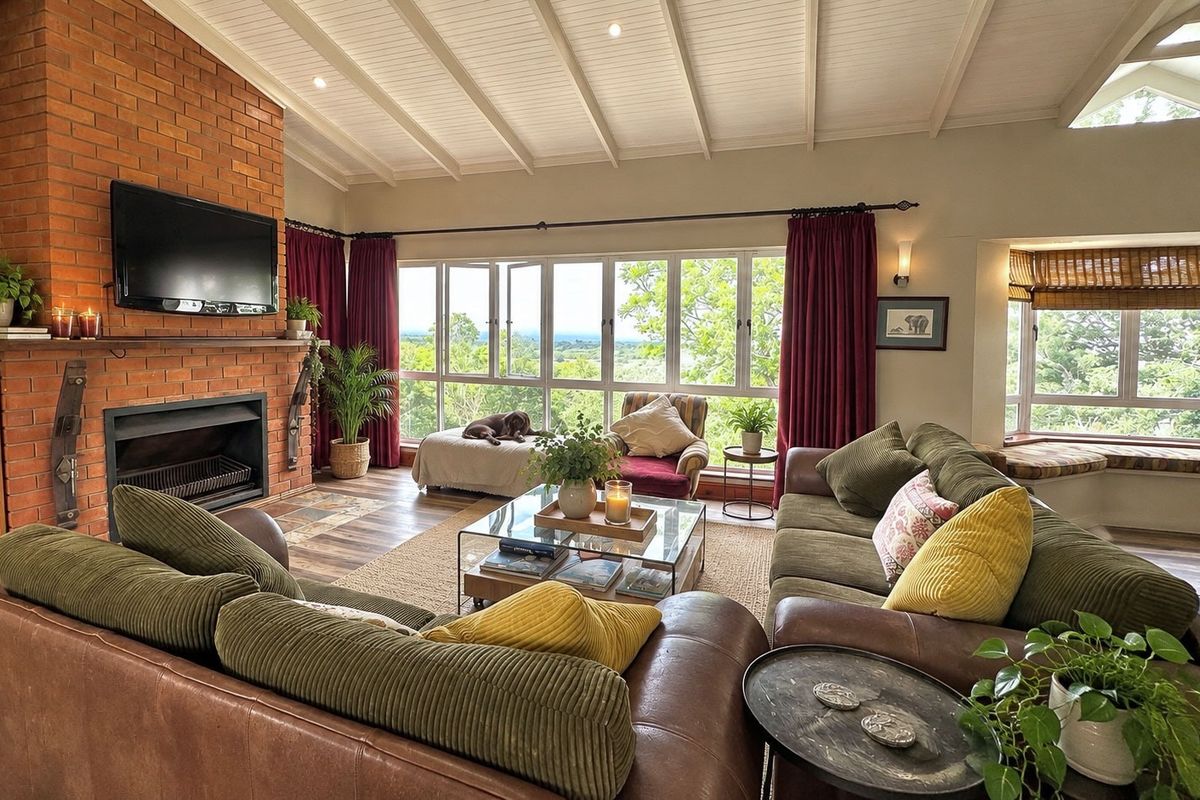 Spacious living room featuring a prominent brick fireplace, vaulted ceilings with exposed beams, and expansive windows offering scenic views with a built-in window seat.