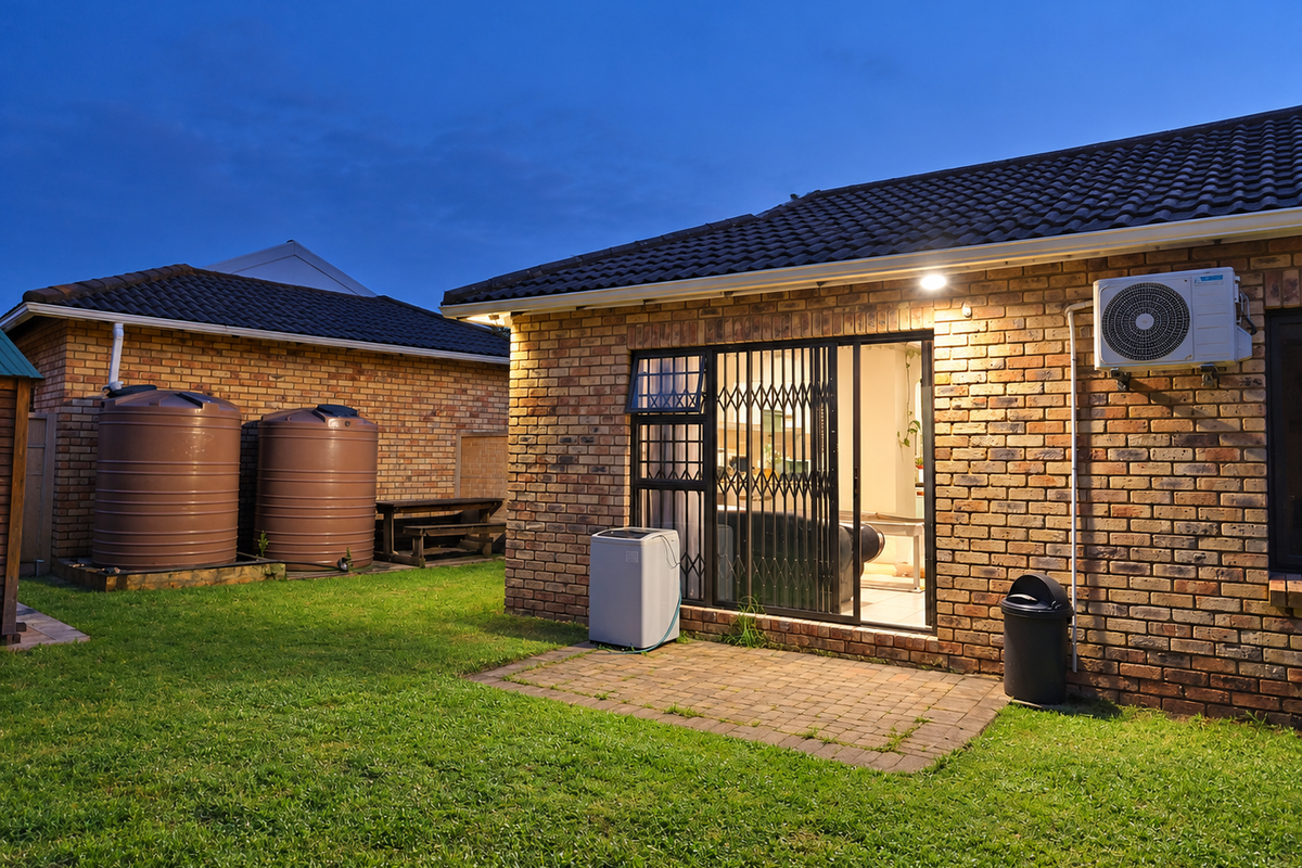 Rear exterior view of the property featuring a brick facade, paved patio area, water storage tanks, and an installed air conditioning unit.