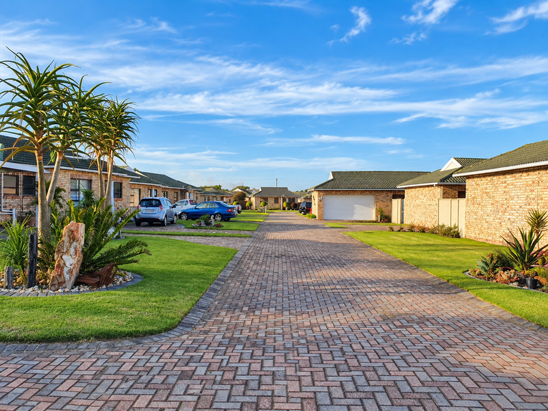 A well-maintained residential street view featuring brick-faced homes, paved driveways, and manicured gardens under a clear blue sky.