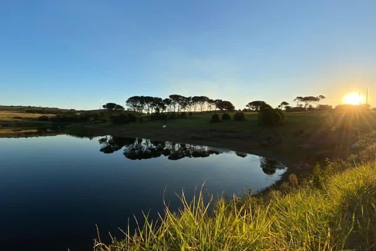 A scenic view of a natural pond and surrounding grassland at sunset, showcasing the tranquil landscape of the vacant residential land.