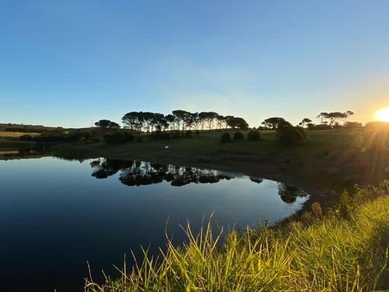 A scenic view of a natural pond and surrounding grassland at sunset, showcasing the tranquil landscape of the vacant residential land.