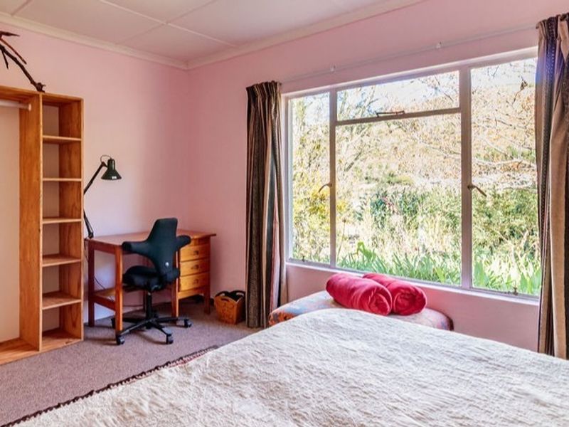 A bedroom featuring carpeted flooring, built-in shelving, and a large window providing natural light and garden views.