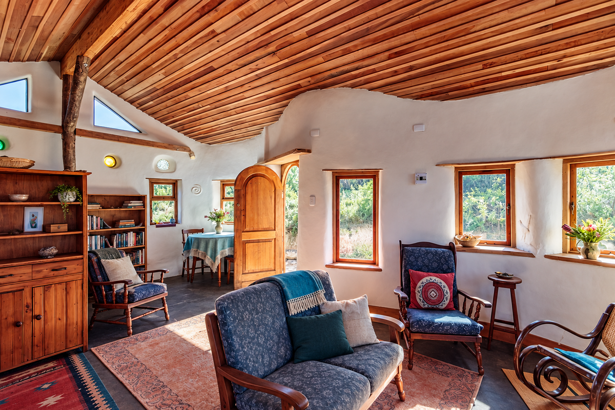 A cozy living room featuring a vaulted timber-clad ceiling, plastered walls, stone flooring, and multiple timber-framed windows providing natural light and garden views.