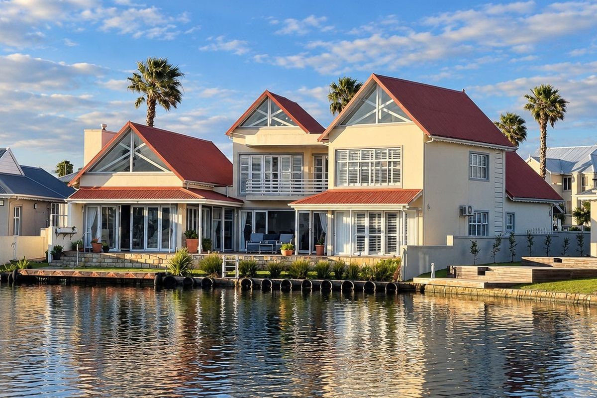 A beautiful waterfront property featuring a multi-gabled roof, expansive glass sliding doors, and a private timber deck overlooking the canal.