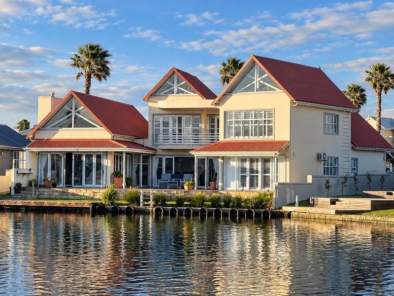 A beautiful waterfront property featuring a multi-gabled roof, expansive glass sliding doors, and a private timber deck overlooking the canal.