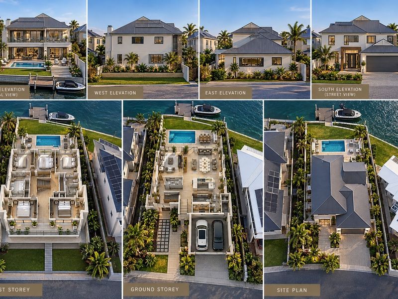 A comprehensive architectural presentation showing elevations, floor plans, and site layout for a luxury waterfront residential property.