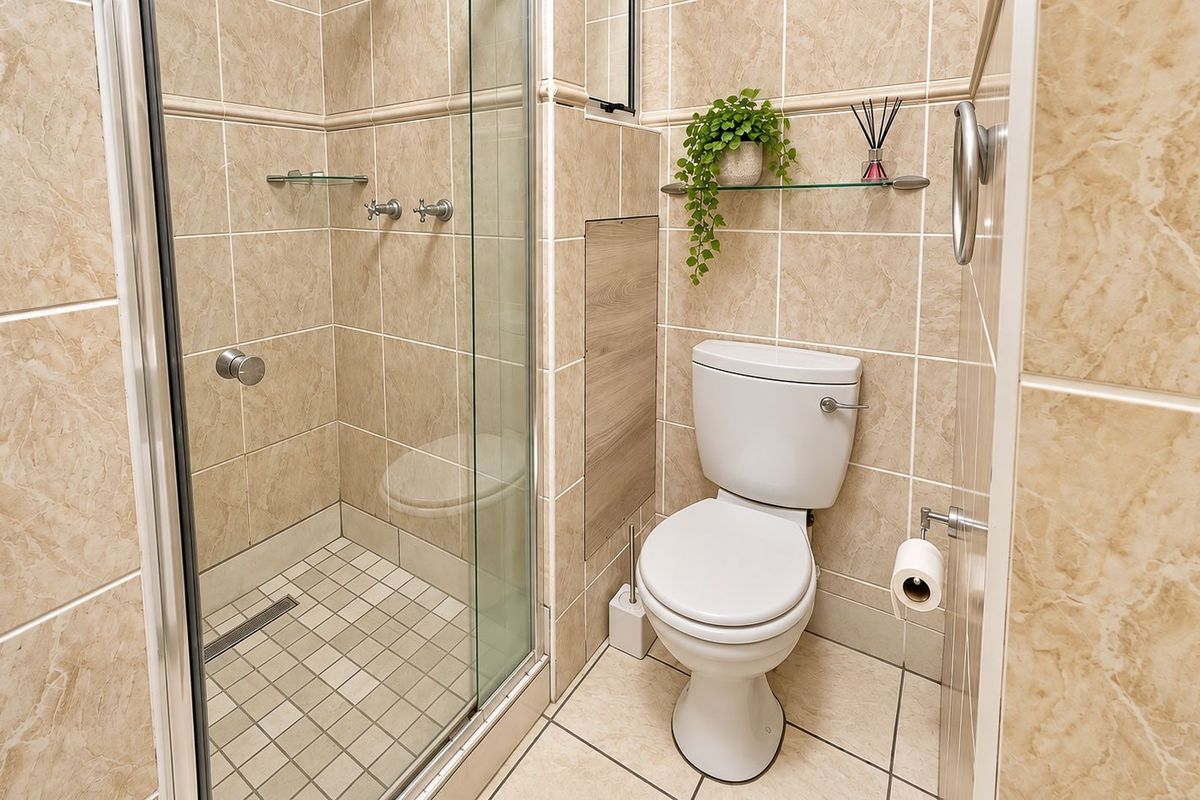 A well-maintained bathroom featuring a glass-enclosed shower, neutral ceramic tiling, and a standard toilet suite.