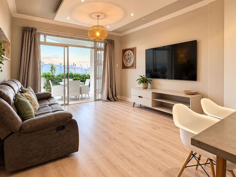 A bright and modern open-plan living area featuring laminate flooring, recessed ceiling lighting, and a large sliding glass door leading to a private balcony.