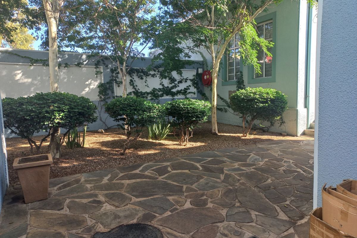 A well-maintained rear courtyard featuring stone paving, established trees, and a secure boundary wall with integrated fire safety equipment.
