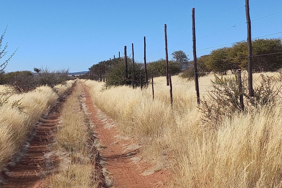 A dirt farm track running alongside a long stretch of wire fencing with wooden posts, set within a dry, open landscape.