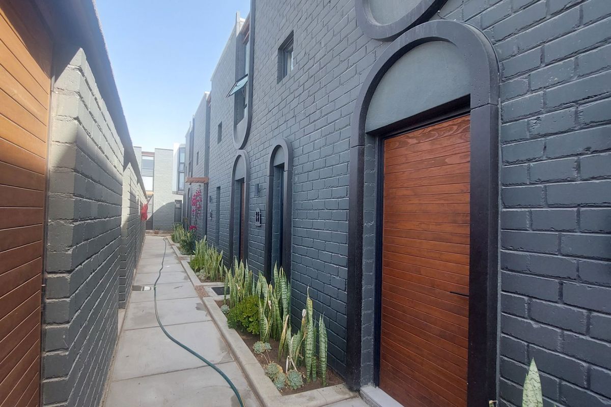 A narrow exterior walkway featuring dark painted brick walls, modern wooden doors, and integrated garden beds with succulent landscaping.