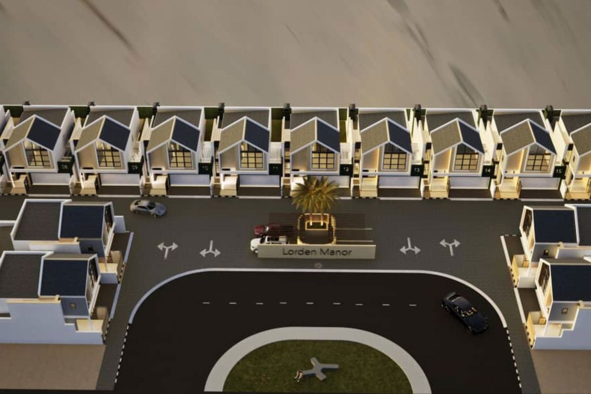 An aerial 3D architectural rendering of the Lorden Manor residential estate, showcasing the layout of the housing units, internal roads, and entrance signage.