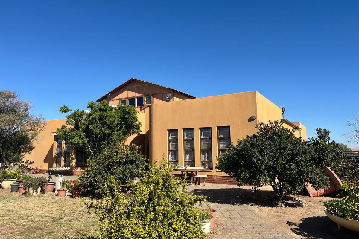 Rear view of a farm-style residence featuring a stucco facade, multi-pane windows, and a paved walkway leading through the garden area.