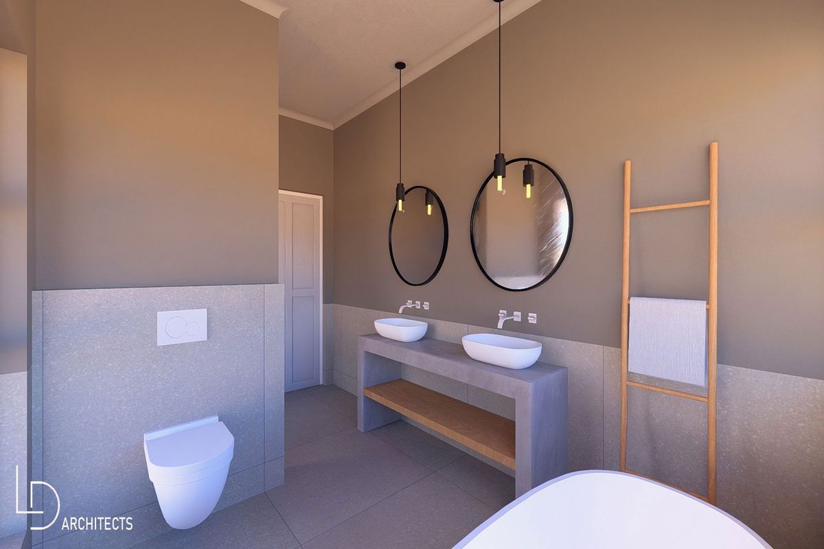Modern bathroom featuring a double vanity with vessel sinks, wall-mounted toilet, and contemporary lighting fixtures in a neutral color palette.