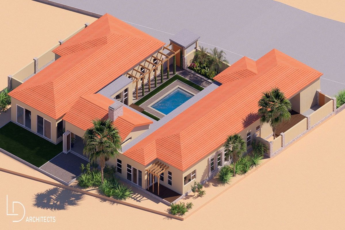 An aerial perspective of a modern residential property featuring a central courtyard with a swimming pool, tiled roof, and landscaped outdoor areas.