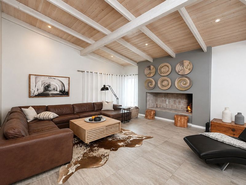 Spacious living room featuring a vaulted timber ceiling with exposed beams, ceramic floor tiles, and a prominent built-in fireplace with a tiled hearth.