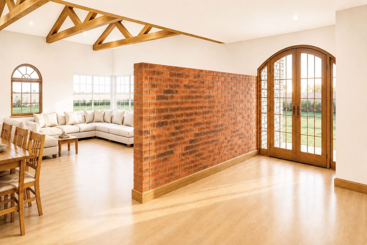 Spacious open-plan living area featuring exposed timber roof trusses, a central brick feature wall, and arched timber french doors leading to the garden.