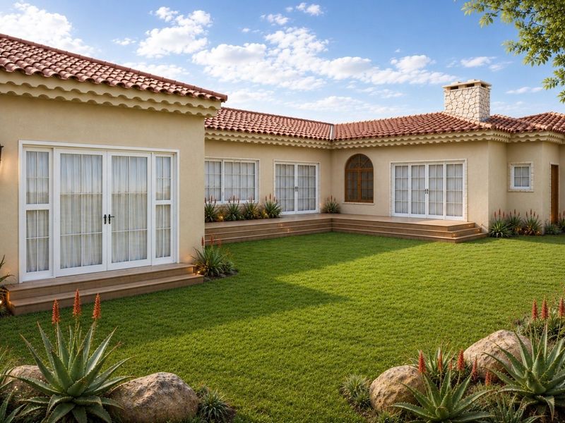 A well-maintained rear exterior featuring a manicured lawn, terracotta tiled roof, stone chimney, and timber decking leading to multiple sets of french doors.