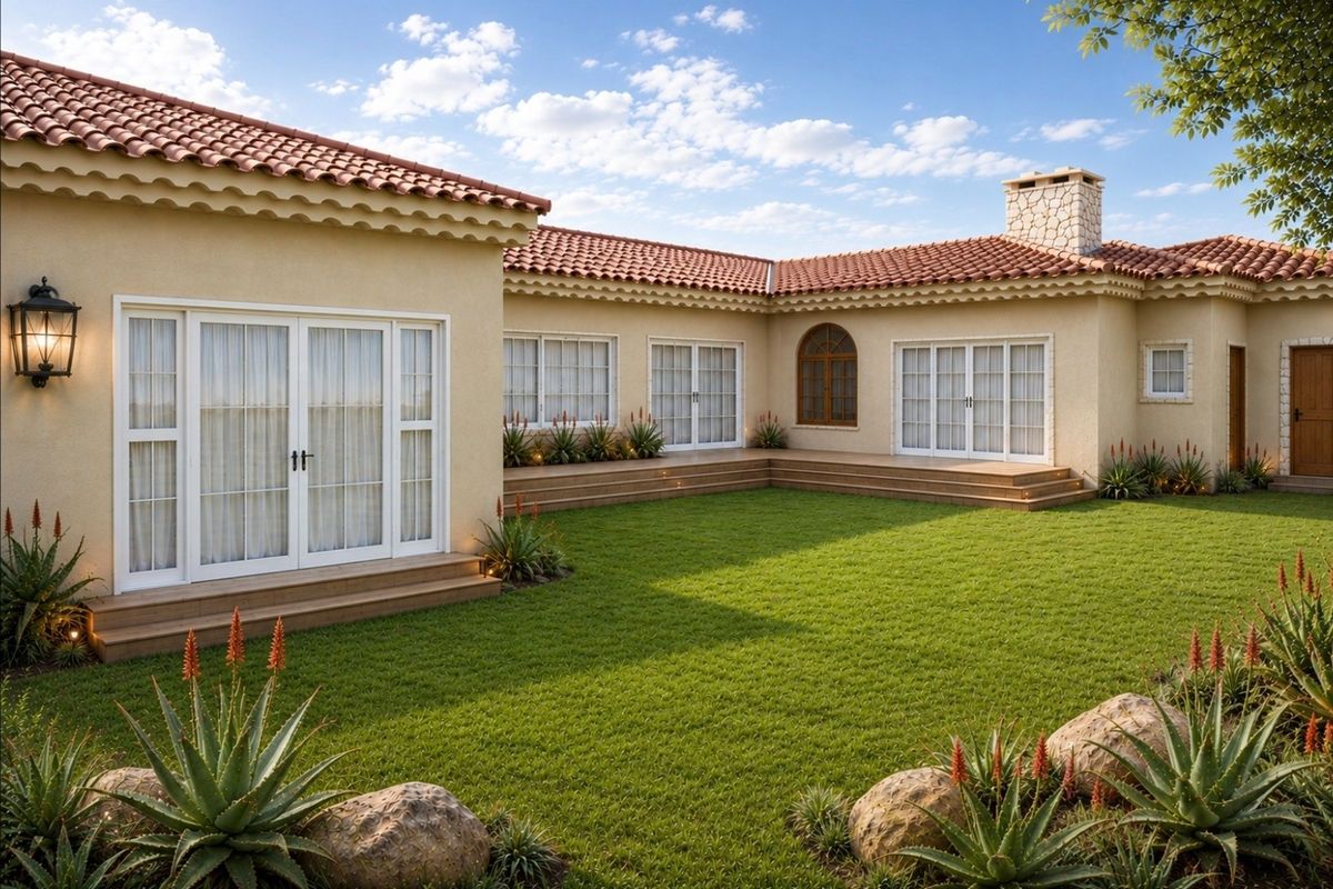 A well-maintained rear exterior featuring a manicured lawn, terracotta tiled roof, stone chimney, and timber decking leading to multiple sets of french doors.