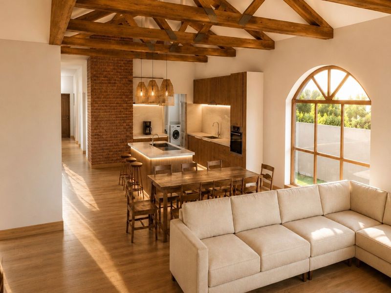 Spacious open-plan living and kitchen area featuring exposed timber beams, a brick feature wall, and large arched windows providing abundant natural light.