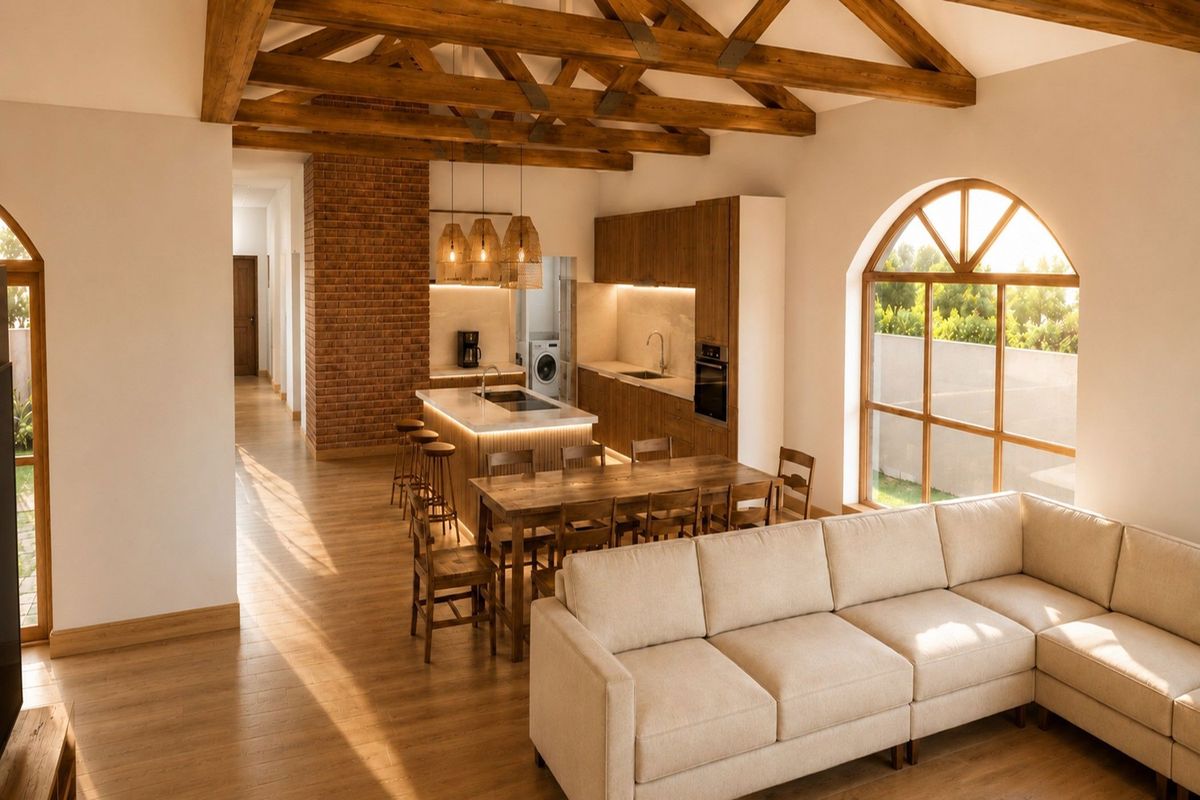 Spacious open-plan living and kitchen area featuring exposed timber beams, a brick feature wall, and large arched windows providing abundant natural light.