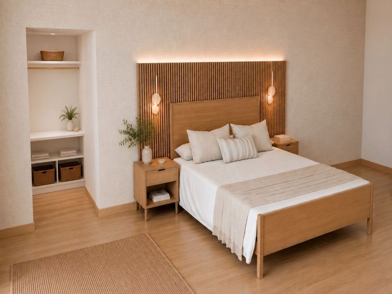 A modern, well-appointed bedroom featuring a stylish slatted timber headboard with integrated lighting and convenient recessed shelving.
