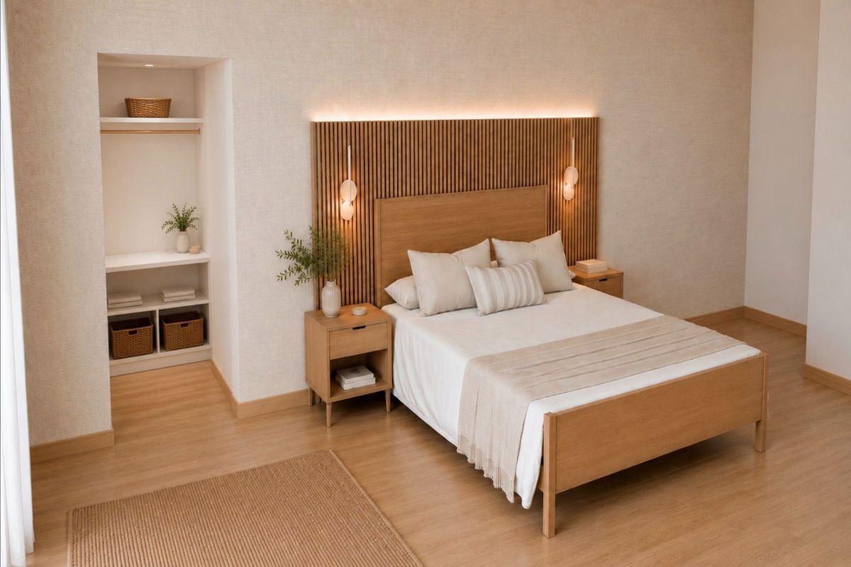 A modern, well-appointed bedroom featuring a stylish slatted timber headboard with integrated lighting and convenient recessed shelving.