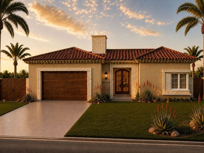 A well-maintained single-story home featuring a terracotta tile roof, stone-accented facade, wooden garage door, and a landscaped front lawn.