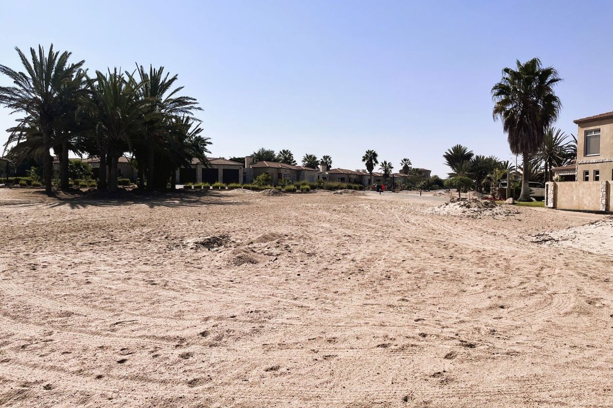 A wide view of a sandy, undeveloped plot of land surrounded by established palm trees and neighboring residential properties.