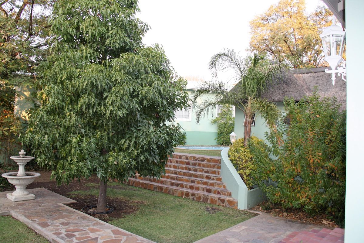 A landscaped rear garden featuring stone-paved pathways, a tiered stone staircase, a decorative fountain, and a thatched-roof structure.