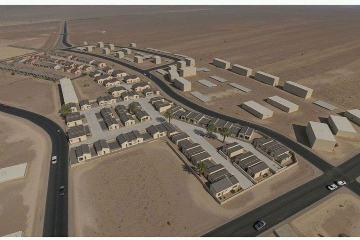 Aerial view of a residential housing development featuring multiple detached units, paved access roads, and surrounding desert landscape.