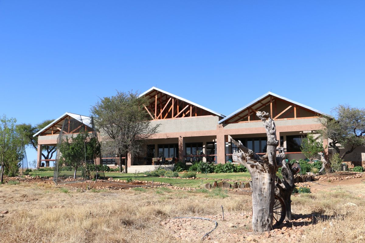 A view of the rear exterior of a large house featuring a covered patio, exposed timber roof trusses, and a landscaped garden area.