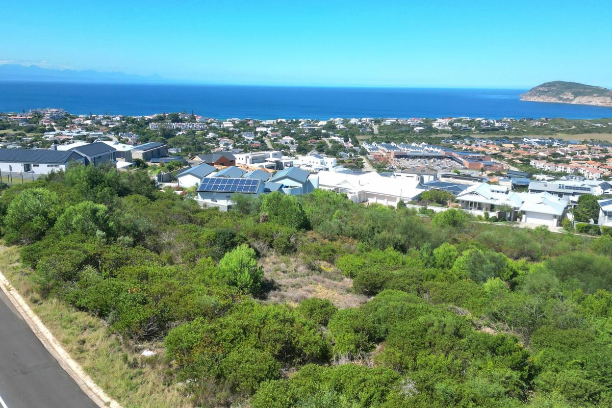 An elevated aerial view of a vacant residential plot featuring natural vegetation, road access, and panoramic coastal and ocean views.
