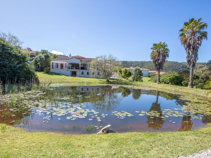 A scenic view of a residential property featuring a tranquil pond, manicured lawn, and mature palm trees in a peaceful estate setting.