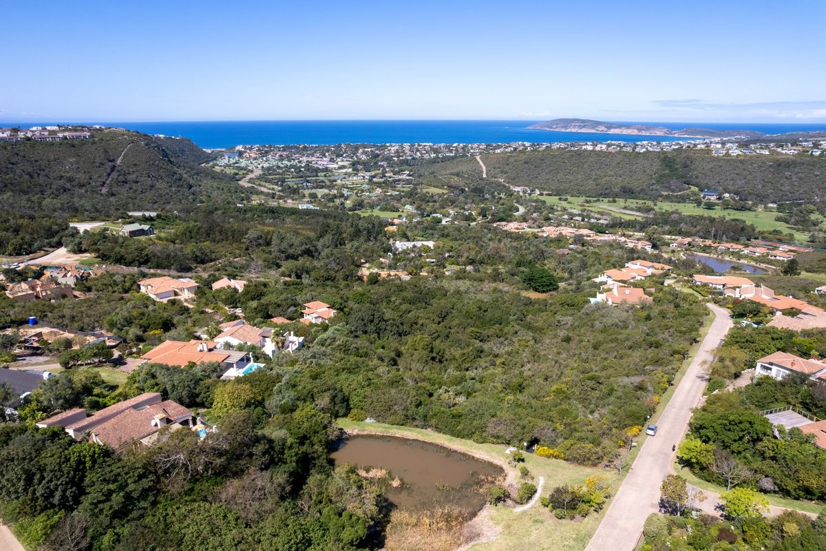 An aerial view of a residential area featuring natural vegetation, a small pond, and a paved road with a distant coastal outlook.