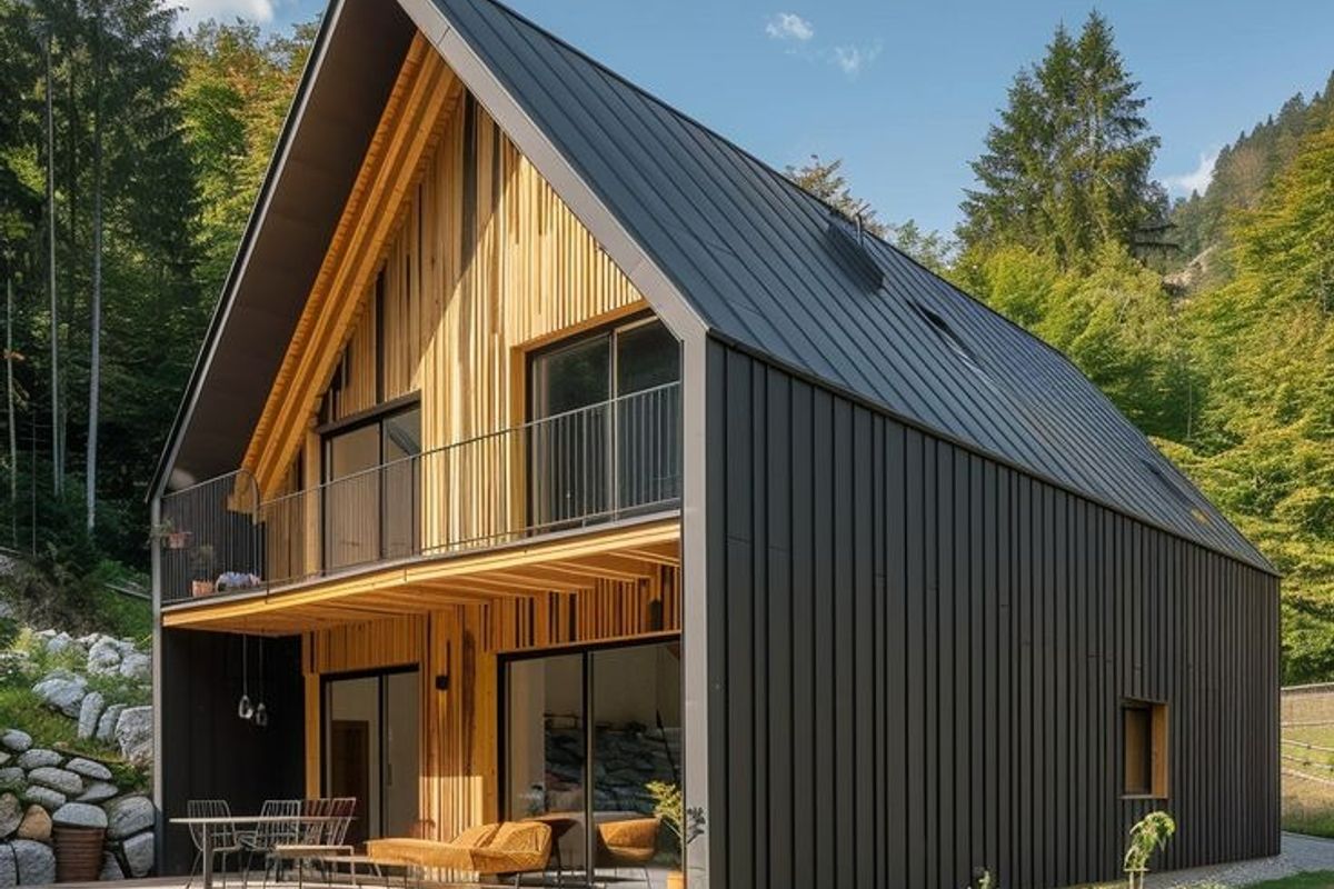 Modern architectural house featuring a striking metal roof, timber facade, and a spacious ground-floor deck with an integrated balcony above.