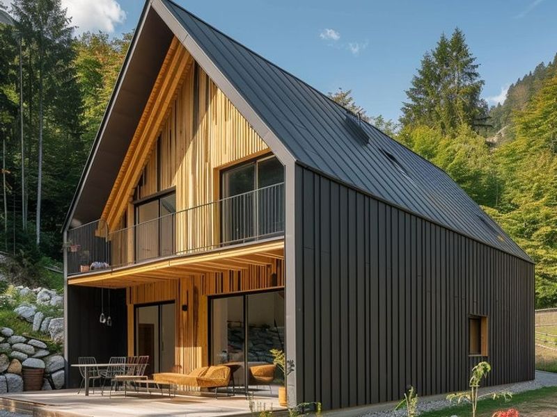 Modern architectural house featuring a striking metal roof, timber facade, and a spacious ground-floor deck with an integrated balcony above.